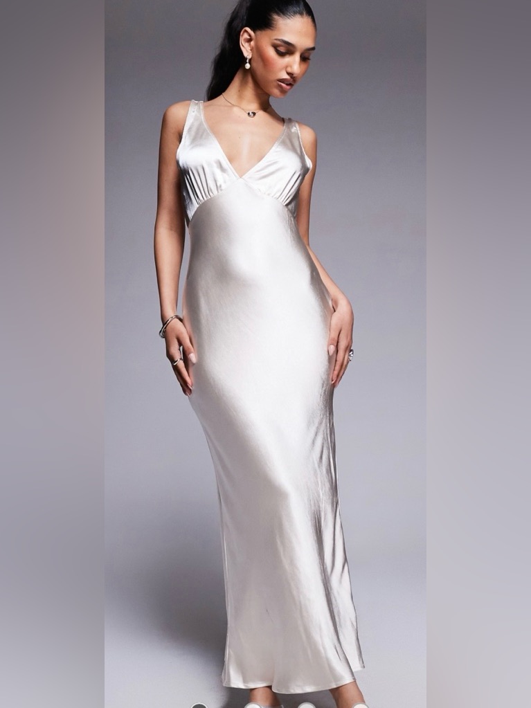 Sleek Satin Plunge Cowl Back Maxi Dress In Oyster Size 12 .